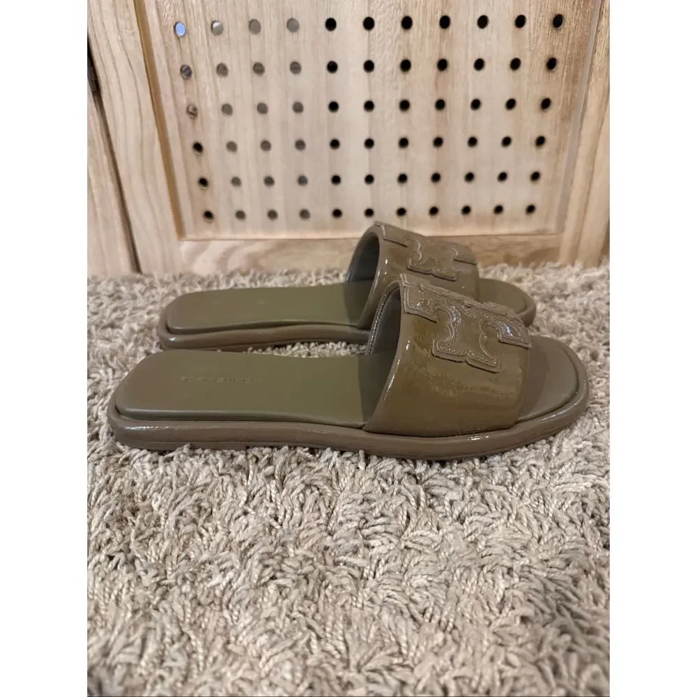 Tory Burch Double T Sport Slide Olive Green Patent Leather Size 6